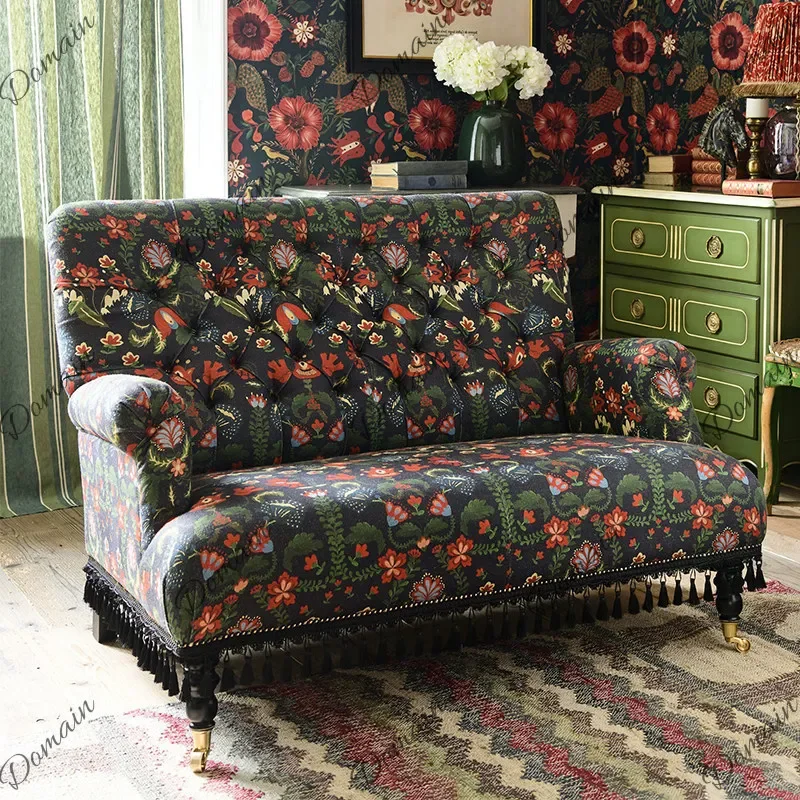 N10 French Fabric Double Sofa B & B Living Room Solid Wood Printed Sofa Antique Balcony Mobile Leisure Sofa