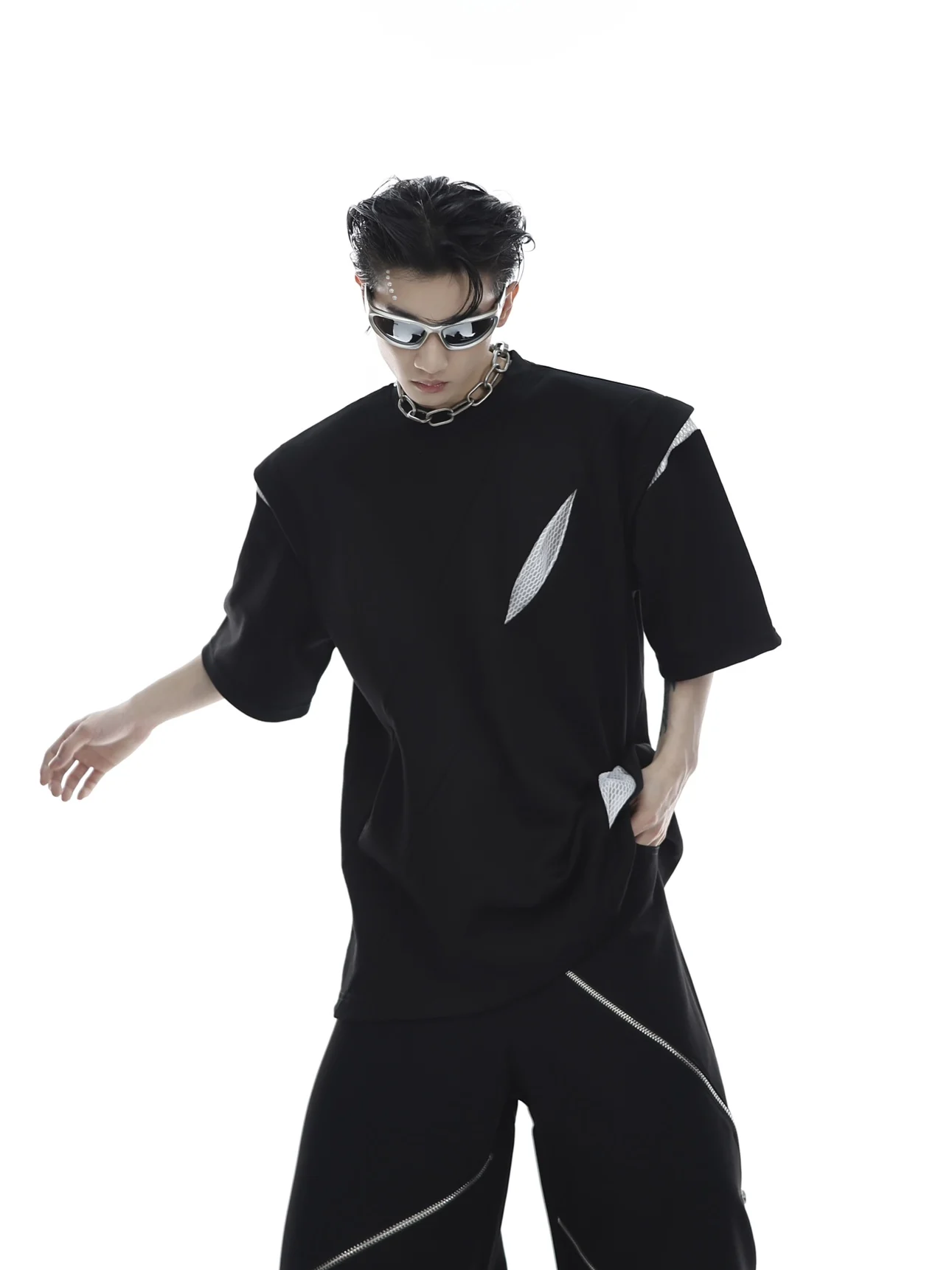 

Argue Summer Casual T-Shirt Shoulder Pad Halves Sleeve Design Men's Fashion Contrast Stitching Breathable Cotton Youth Trend
