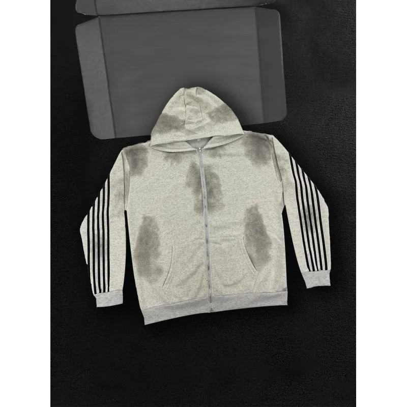 Spring and Autumn Winter Retro Wash Tie Dyeing Zipper Women's Sleeve Black Stripe Design Short Hoodie y2k Hoodie