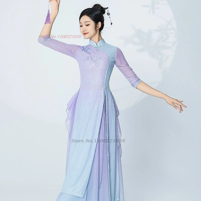 2025 الصينية خمر الرقص تشيباو بلايز + فستان أطفال مع سروال داخلي التدرج اللون ملابس رقص المرحلة التقليدية ممارسة فستان تشيباو