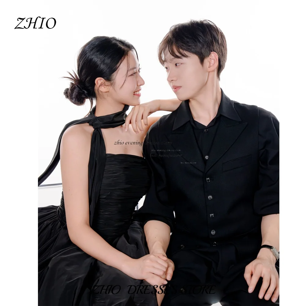 ZHIO Corea personalizado negro una línea vestido de novia tafetán corsé plisado vestido de novia sin tirantes hasta el suelo vestidos de novia