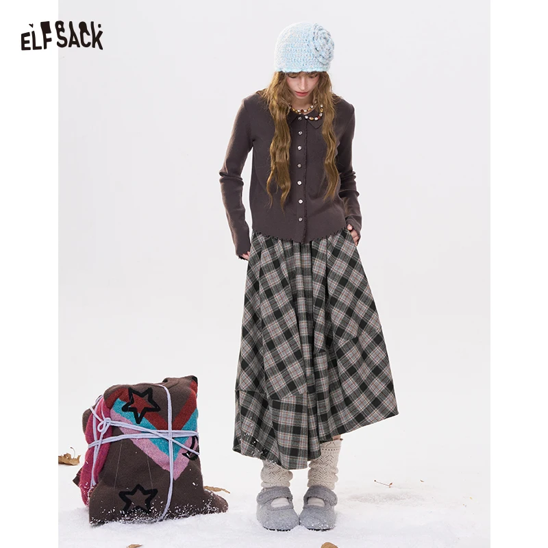 ELFSACK Women's Vintage Plaid Midi Skirt with Patchwork Design, Grunge Aesthetic Long Bottoms