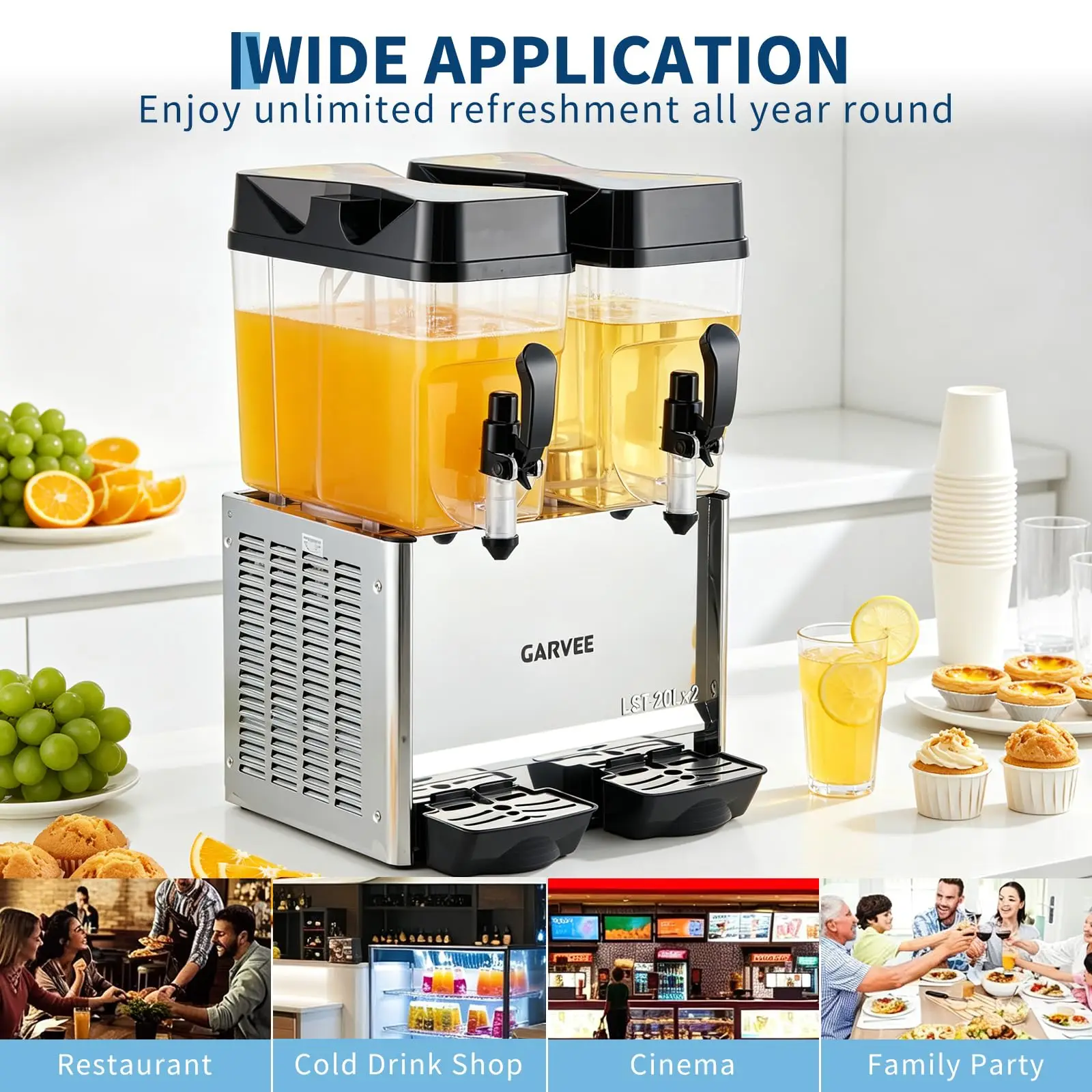 5.2 Gallon X 2 Commercial Beverage Dispenser Cold Drink Dispenser 280W Stainless Steel Ice Tea Drink Machine With 3 X 5.2 Gallon Tanks 115V 60Hz For Home Restaurant Bar Party Commercial Grade