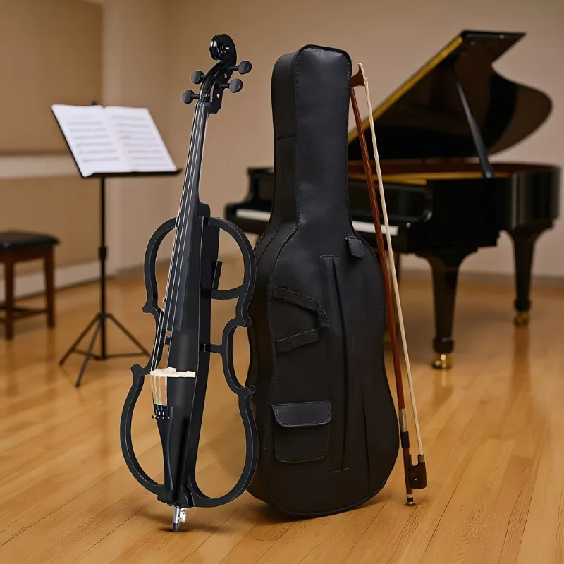 

4/4 Size Black Cello with Maple Body with Aluminum Tuning Knobs.Starter Set Includes: Case, Bow, Connecting Cable (No Battery)