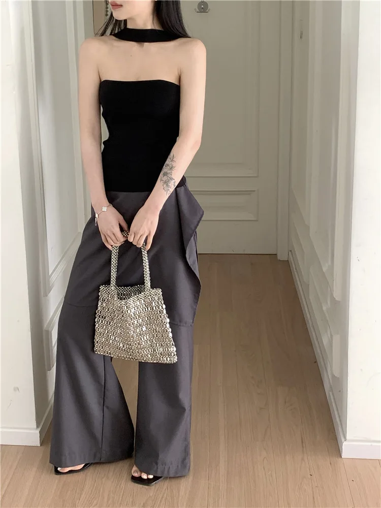 เสื้อกล้ามทรงคอ halter แบบไม่มีสาย รุ่นใหม่สำหรับฤดูร้อน ดีไซน์เรียบหรู ผ้าไหมน้ำแข็ง ช่วยกระชับเอว โชว์หลัง เซ็กซี่