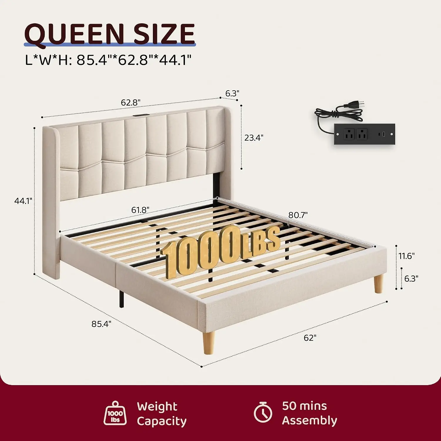 Queen Bed Frame with Wingback Headboard, USB Charging, Wooden Slats, No Box Spring, Beige, Customized