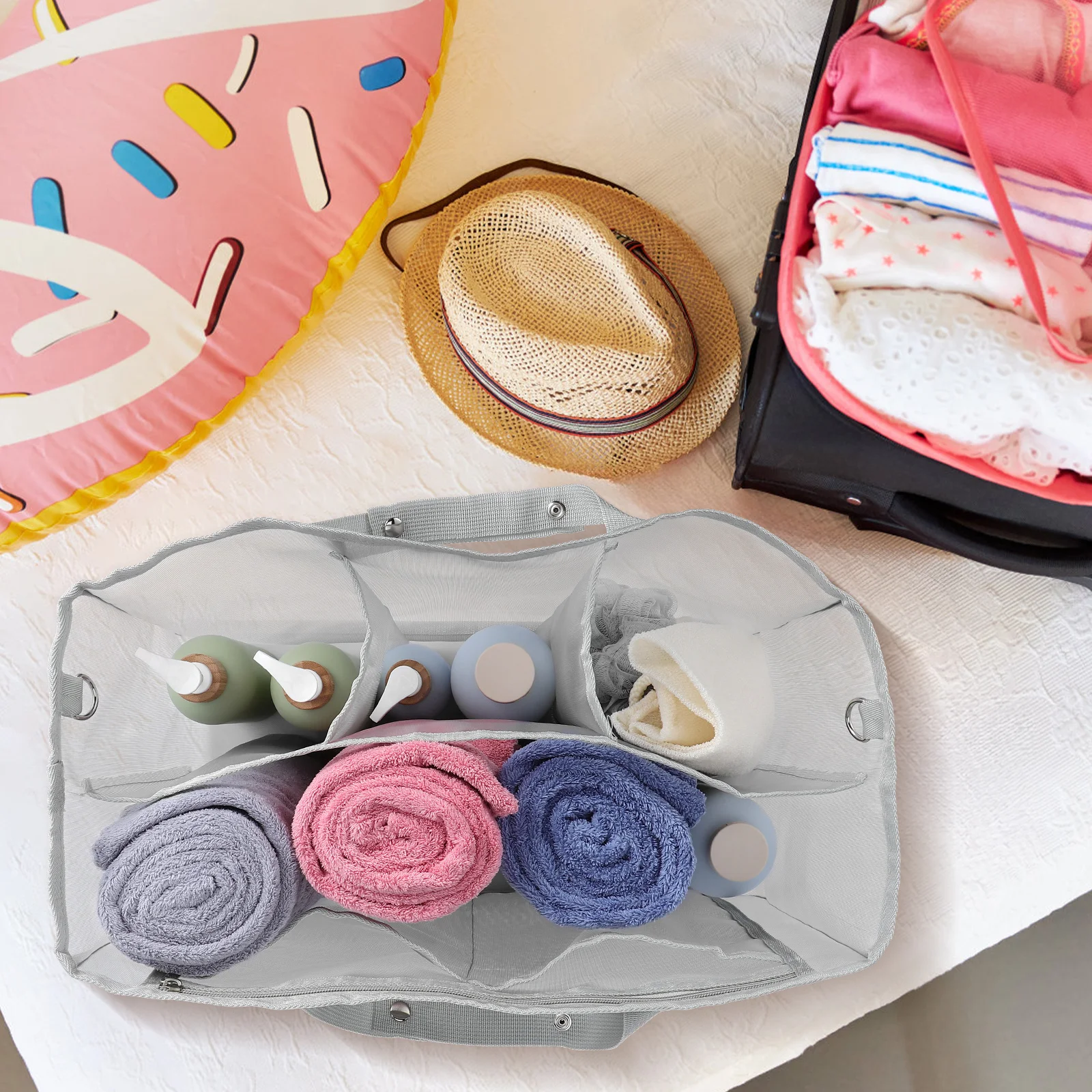 

Large Mesh Insert Beach Bag Hollow Zipper Tote for Family Travel Swim Gear Organizer Breathable Travel Storage