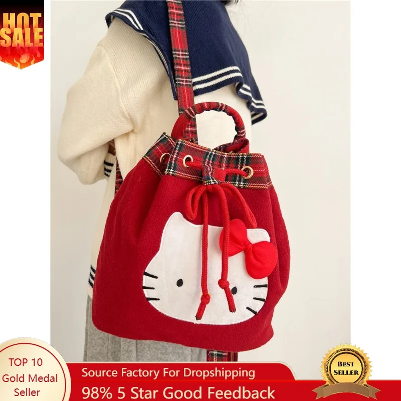 

Sanrio Cute Hello Kitty Retro Red Plaid Plush Backpack Preppy Style Festive Christmas Mini-Bag for Women
