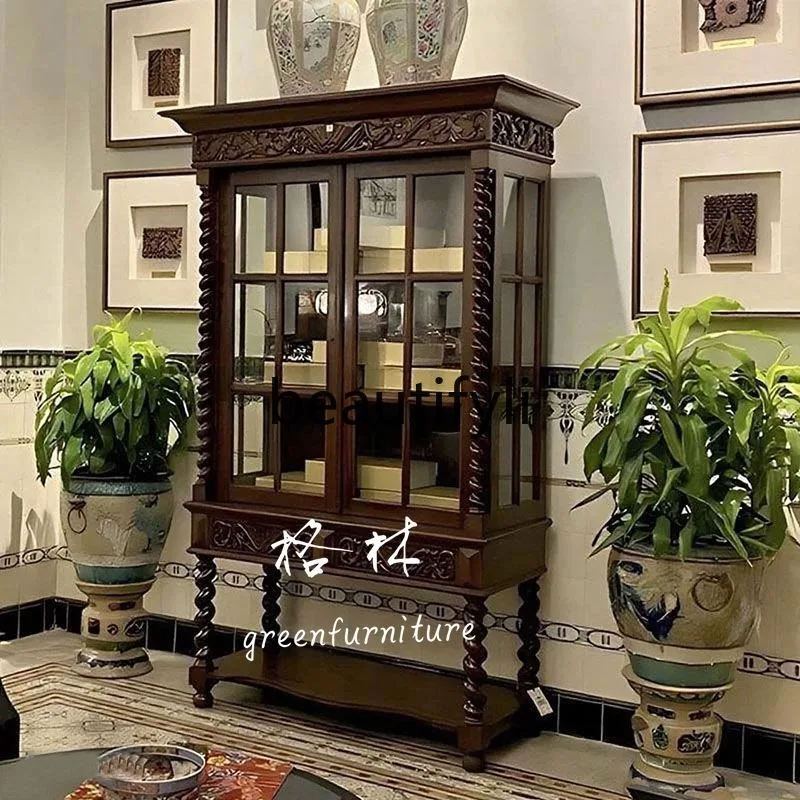 

French Retro Solid Wood Wine Cabinet/American Country Style Home Storage Sideboard/Display Cabinet/Wall-Mounted Tea Cabinet