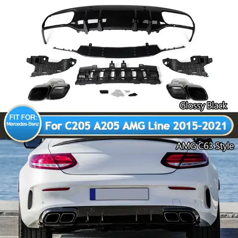 Magickit Rear Diffuser with Exhaust Tips for Mercedes Benz C Class C205 A205 Coupe 2015-2018 C63 Style Rear Bumper Diffuser Lip