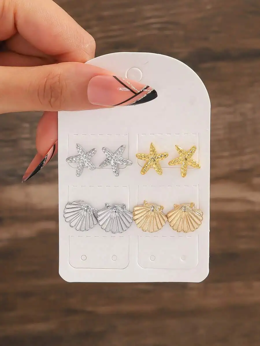 

4 Pairs Zinc Alloy Starfish And Shell Stud Earrings For Women Daily Wear