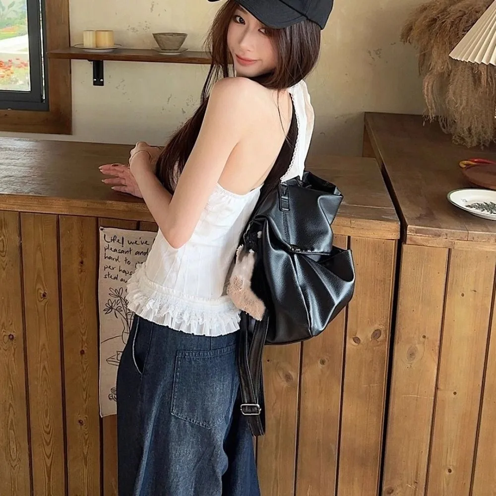 Chic V Neck Lace Halter Crop Top Slim Fit Sleeveless Lace Vest Top Girl Korean Style Sweet Hanging Neck Camisole Summer