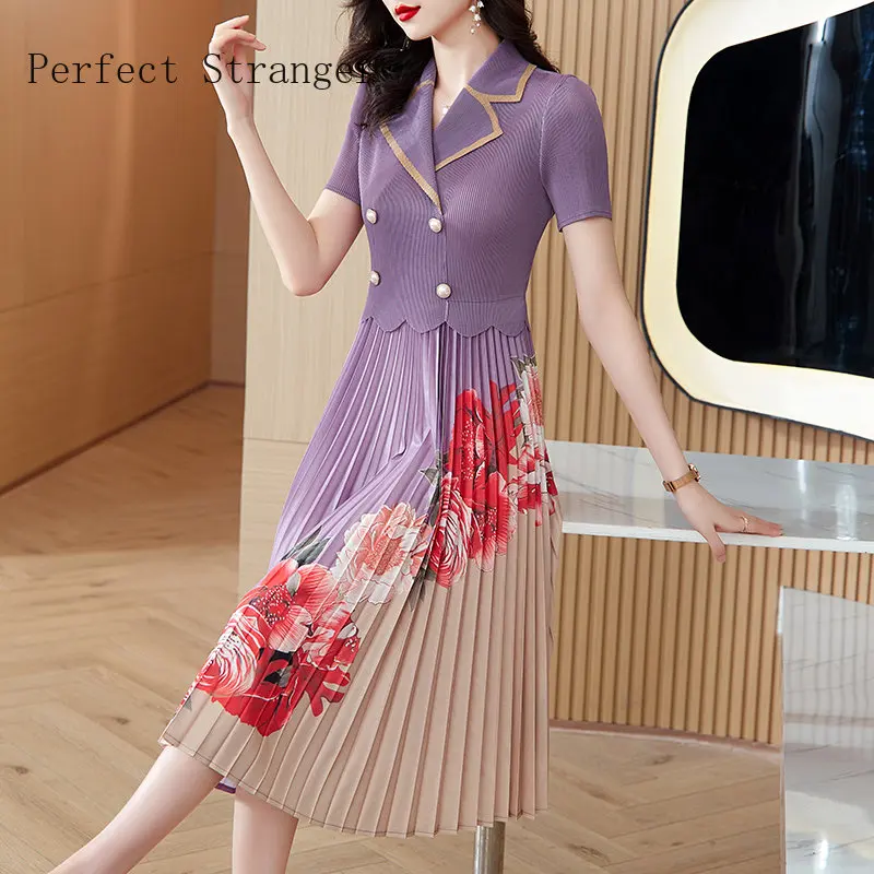 

2024 Summer New Wrinkle Hot Sale Turn-down Collar Short Sleeve Women Pleated Long Dress Pleuche Vestidos High Quality