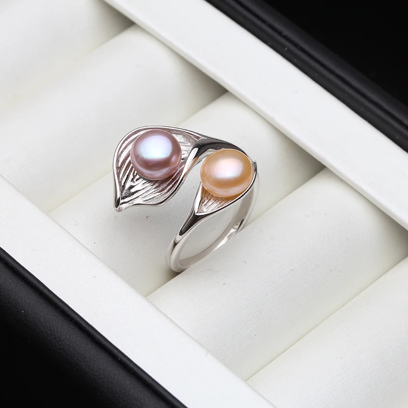 Wedding Natural 925 Silver Double Pearl Leaf Ring Adjustable White Freshwater Pearl Ring Female Birthday Gift