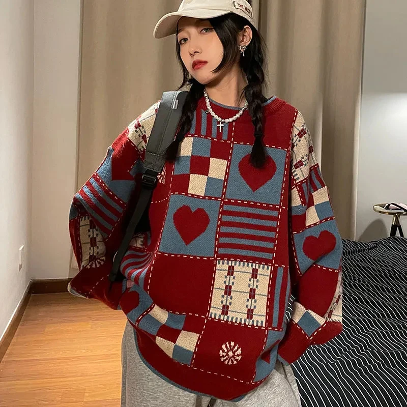 Vintage Sweater Women Plaid Love Knitwear Harajuku Oversized Print Knit Jumpers Streetwear Korean Heart Casual Pullovers Tops