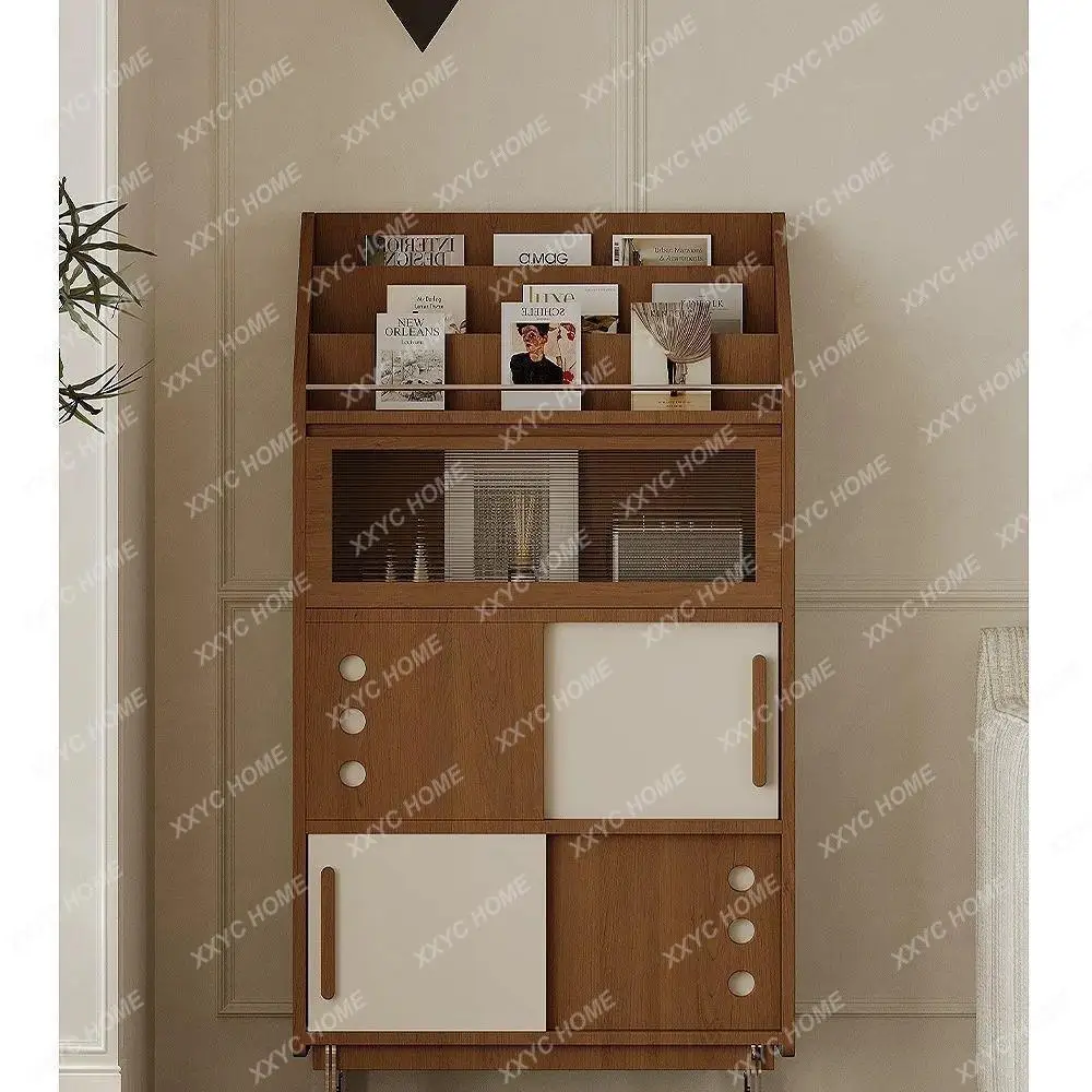 Retro Cherry Solid Wood Magazine Cabinet Home Study Living Room Medieval Ladder Bookcase Living Room Storage Locker