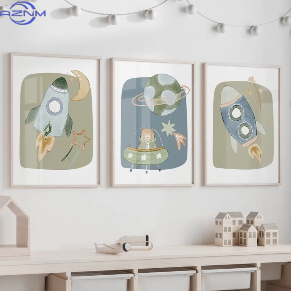 3pcs Frameless Canvas Painting Sage Green Space Nursery Prints: Rocket Wall Art, Boy Room Decor - Set of 3