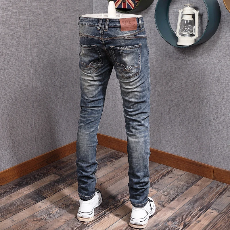 Italian Style Fashion Men Jeans Retro Blue Stretch Slim Fit Ripped Jeans Men Trousers Vintage Designer Casual Denim Pants Hombre