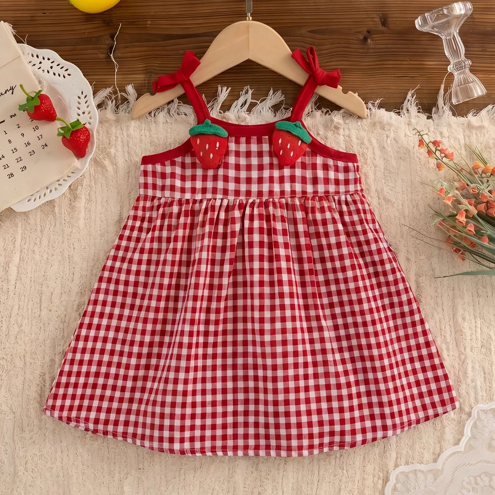 Sommer Kleinkind Mädchen Kleidung Baby Erdbeer-Kariertes Trägerkleid Elegantes Ärmelloses Prinzessinnenkleid 2026 Sommer Neuerscheinung