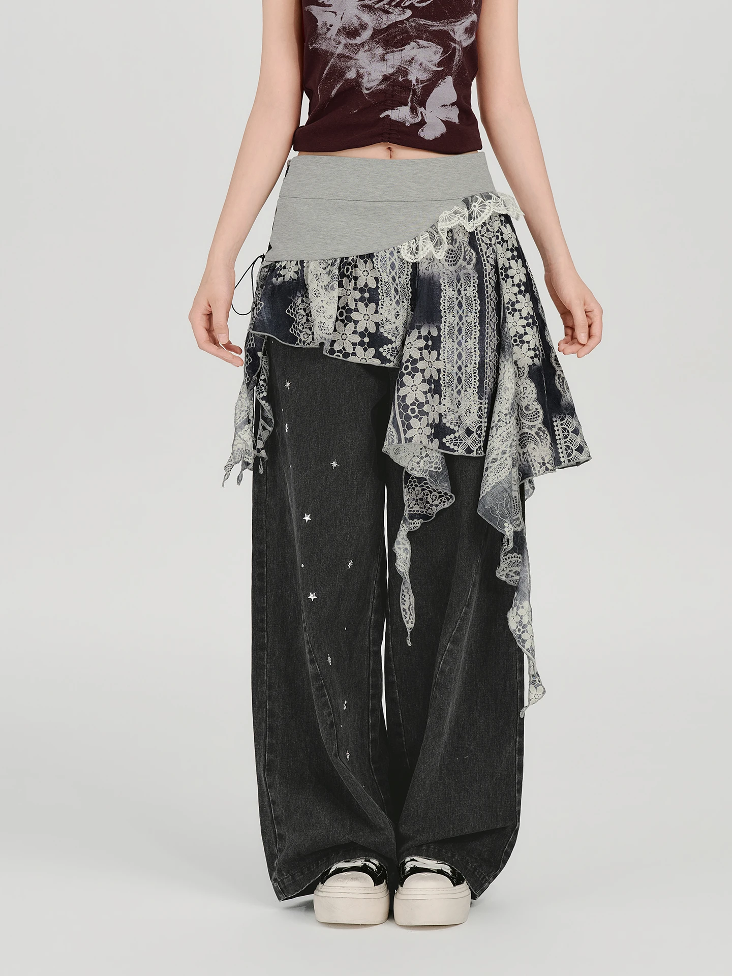 American Retro Lace Splicing Irregular Skirt Design Sense Layered Belted Hem Butt Curtain Women's Loose High Waist Asymmetric...