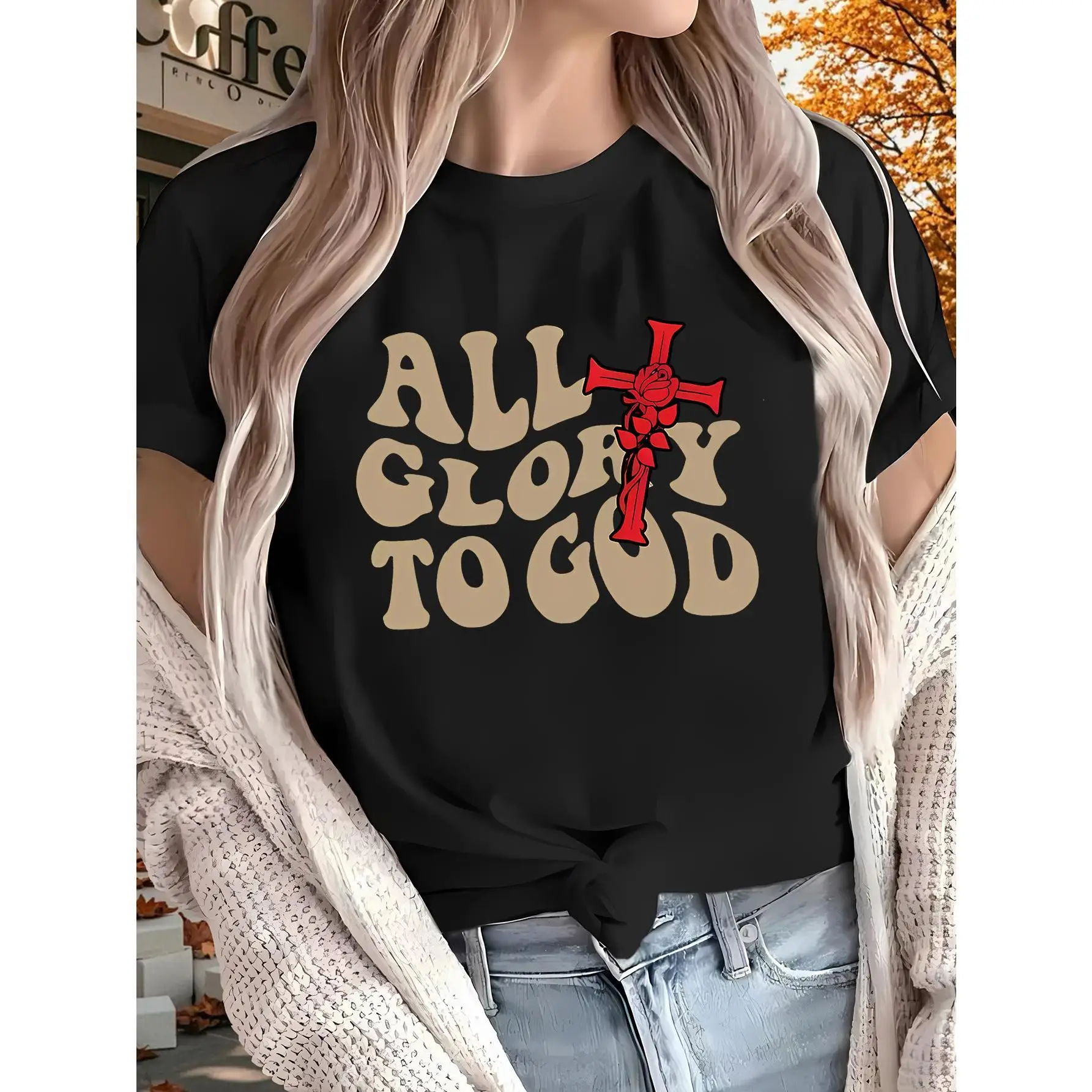 

Simple - Style T - Shirt Featuring "All Glory to God" Phrase and Cross, Ideal for Faith - Inspired Fashion