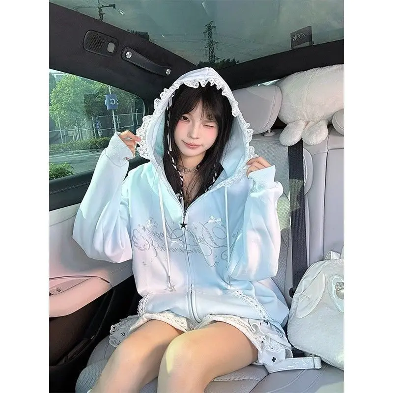 

Винтажный милый милый кардиган, нишевый дизайн, Sense Top, 2025 г., корейская кружевная лоскутная толстовка с капюшоном, женская свободная осень-зима