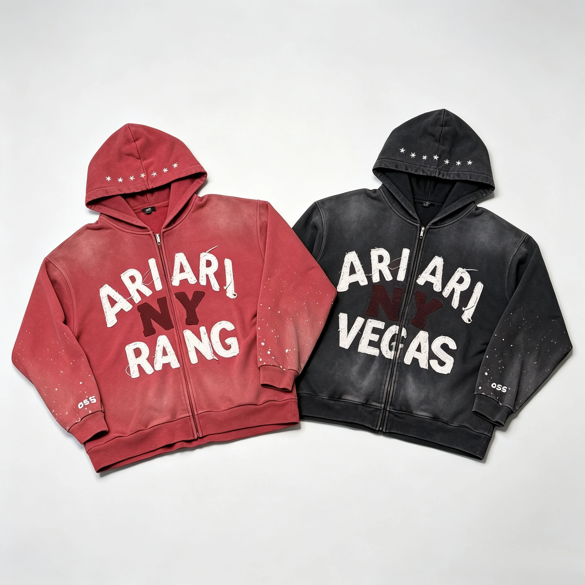 ARIRANG Red and Black Pure Cotton Washed Letter Hooded Jacket with Fabric Zipper Cover, Unisex Jacket