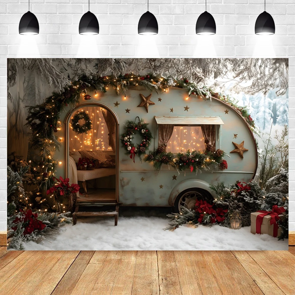 Winter Snowy Bus Christmas Background Photography Camping Forest Xmas Trees Kids Family Portrait Christmas Backdrop Photo Studio