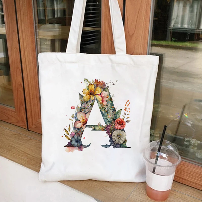 Casual Large Capacity Women's Handbags 26 Alphabet A-Z Shoulder Bags Shopper Canvas Letter Fashion Flower Trend White Tote Bags