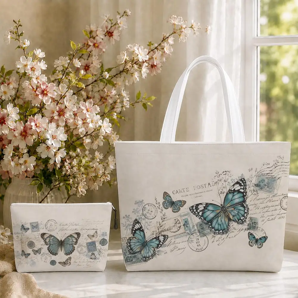 Butterfly Ephemer Storage Bags 2-Piece Zipper Reusable Tote Bag Set Foldable Washable Heavy-Duty Capacity Work Travel &Gift