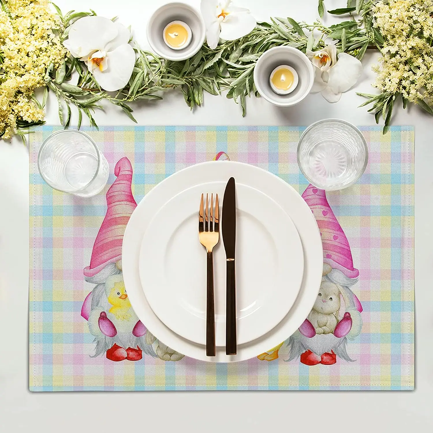 Easter Gnome Placemats Set of 4 Cute Easter Bunny Duck Linen Place Mat with Buffalo Check Plaids Easter Eggs Rabbit Table Mats