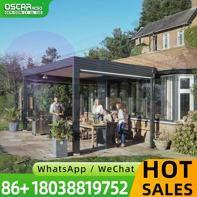 Outdoor Retractable Adjustable Louvered Aluminum Pergola Waterproof Garden Motorized Pavilion Gazebo for Backyard Patio Poolside