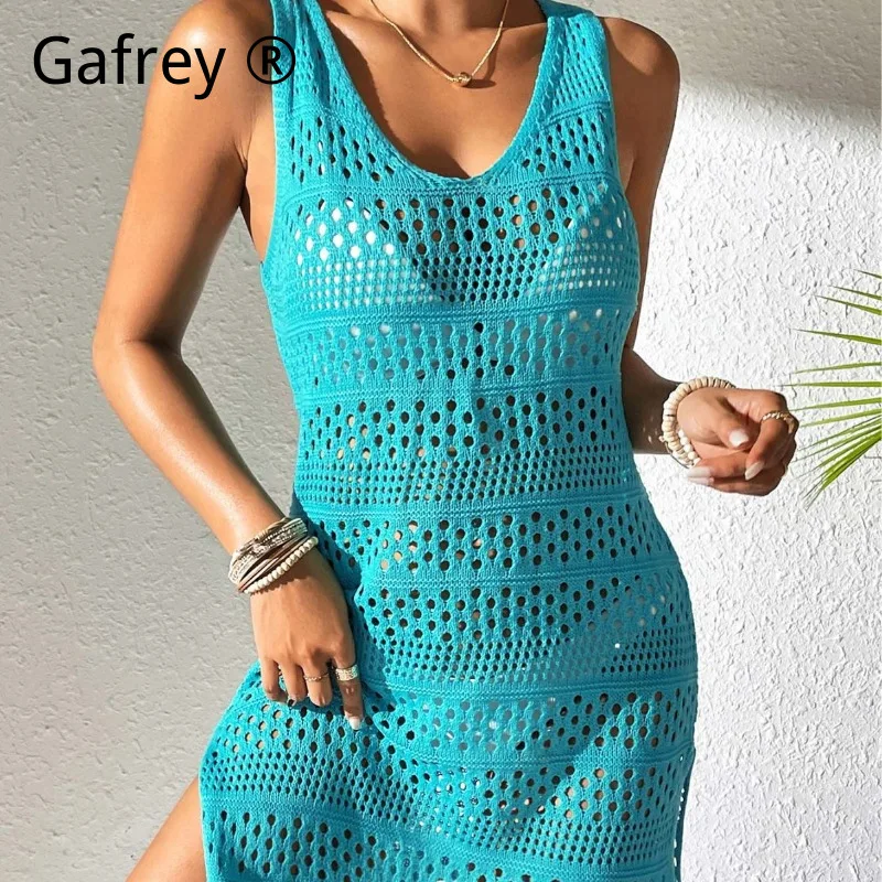 

Women's Hollow Out Knit Cami Dress, Casual Sleeveless Beach Cover Up Dress for Summer Vacation & Swimwear Matching