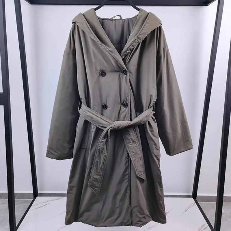 Garaoy 2024 Winter Women Hooded Double Breasted Mid Length Belt Parka Overcoat Female Loose Add Cotton Jacket Coats Warm Outwear