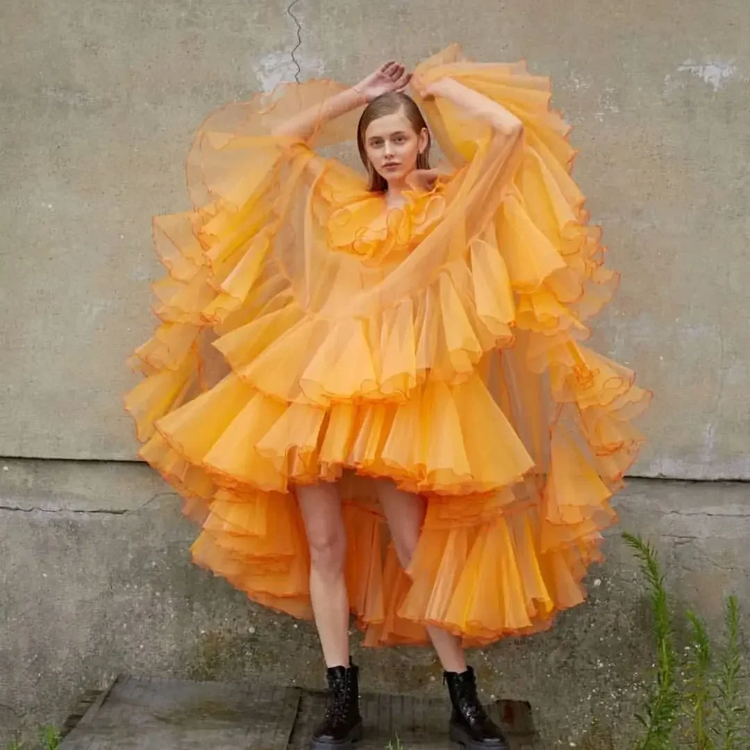 SERENDIPIDTY Oranje Elegante Prachtige Eenvoudige Vrouwen Jurk Tule See Thru A-lijn Avondjurk Hoog Laag Tule Ruche Feestjurk