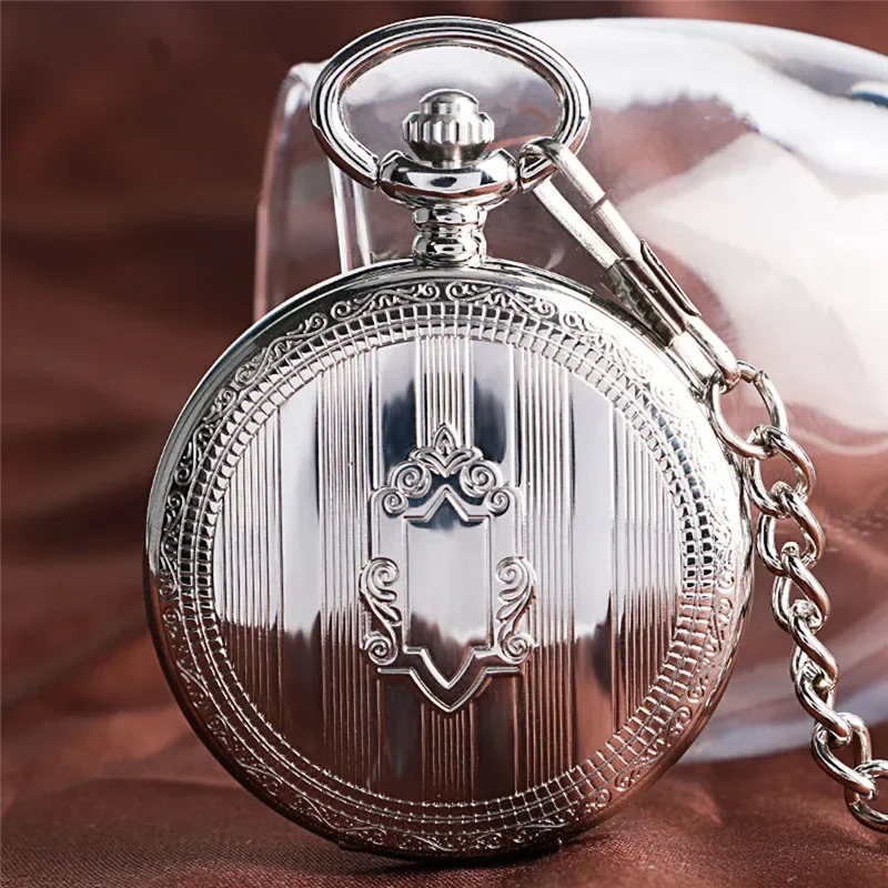 Silver Shield Full Hunter Case Men Women Skeleton Automatic Mechanical Pocket Watch Arabic Number Retro Clock Pendant Chain Gift