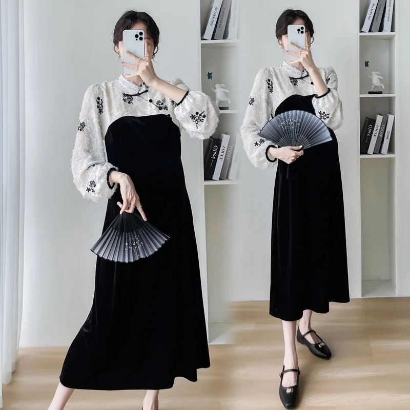 New Pregnant Women Improved Cheongsam Fashion Stitching Gold Velvet Temperament Trendy Mom Chinese Style Dress