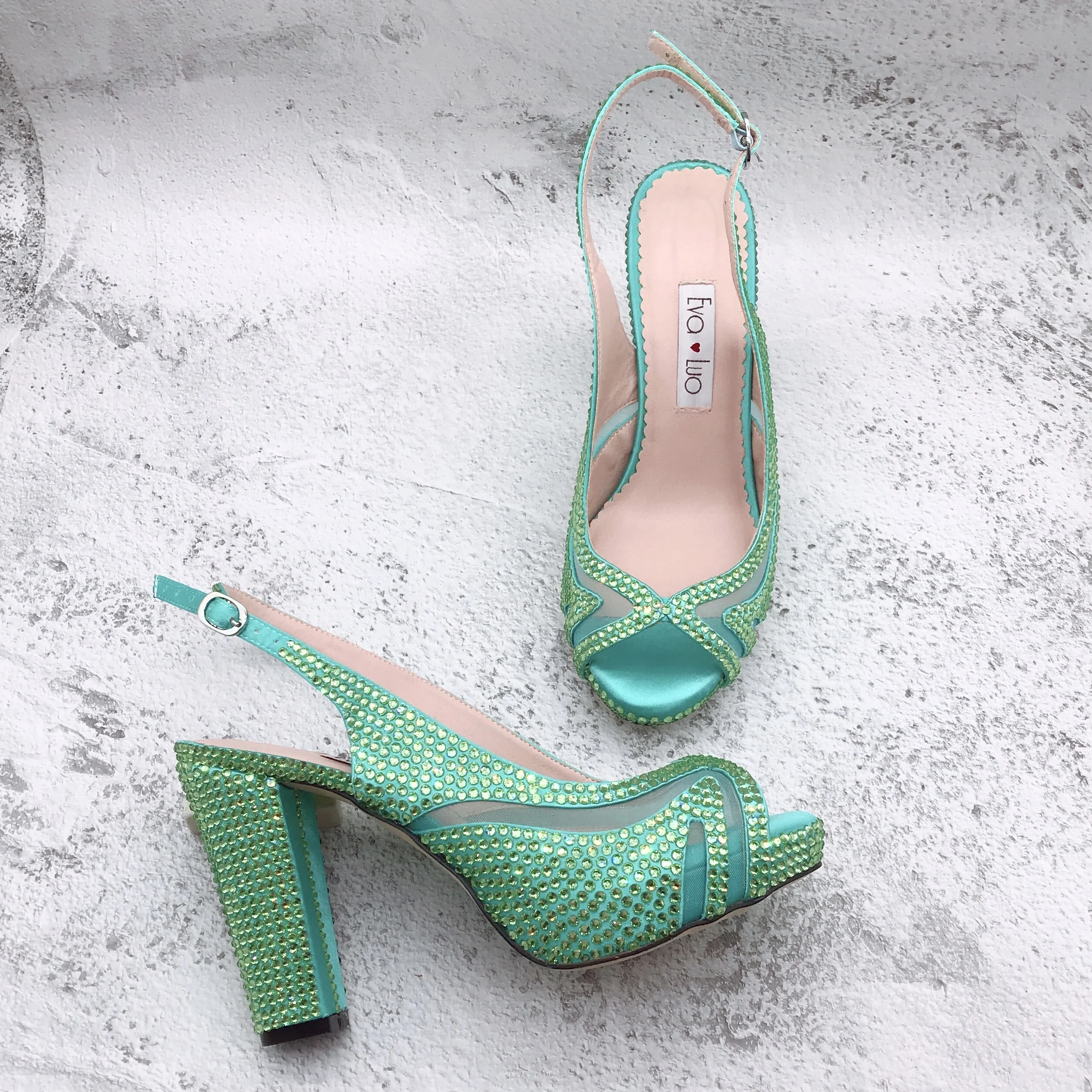 

CHS1623 Custom Made Women Shoes Dress Pumps Block Heel Mint Green Crystal Women Party Shoes Wedding Shoes Bride