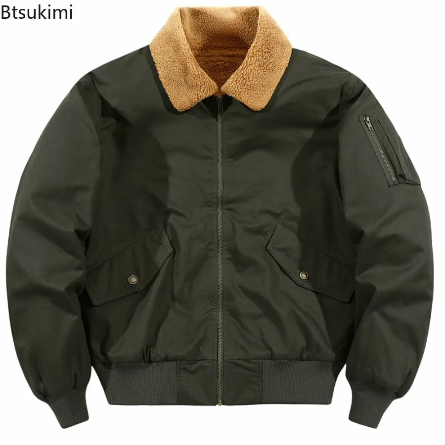2025 Winter Outdoor Parka Jackets Men's Casual Solid Zipper Jacket Loose Fit Male Fleece Coats Vintage Pilot Tactical Thick Coat