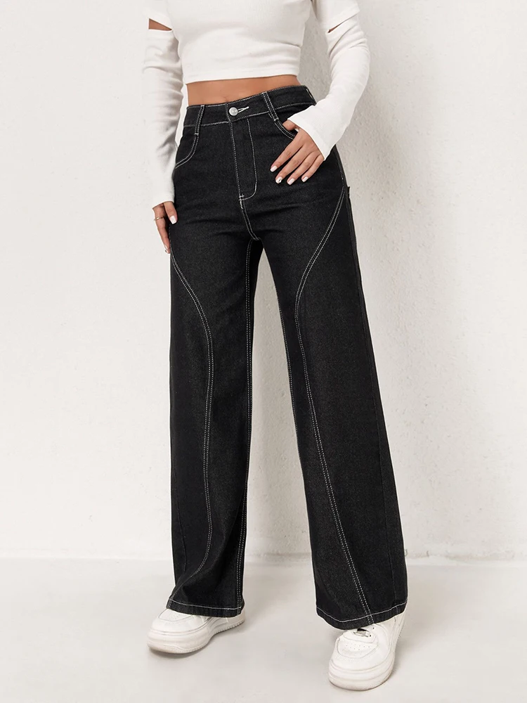 

Новые женские джинсы с несколькими карманами, трендовые широкие брюки, классические черные брюки, уютные брюки Looes для уличных клубов