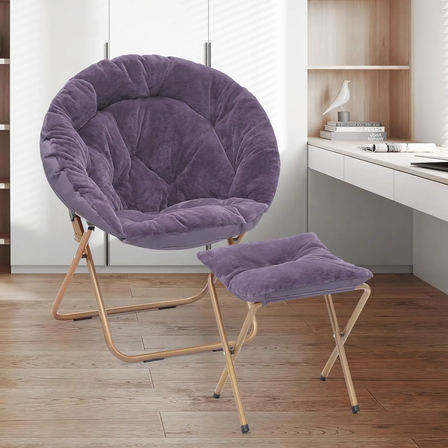 

Round Foldable Oversized Moon Saucer Chair for Adults with Ottoman Foot Rest Large Cozy Chair for Bedroom, Purple 2-Set