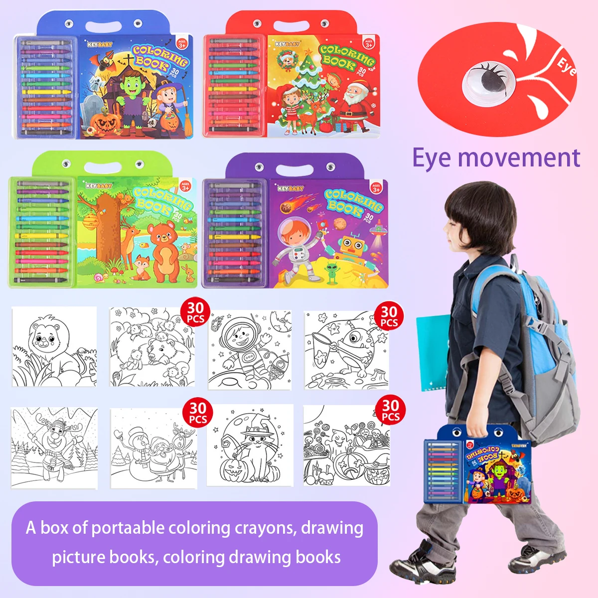 Kids Coloring Book Set with 12 Crayons Portable Handle Drawing Book 4 Themes Colouring Book Children Age 3+ Art Painting Gift