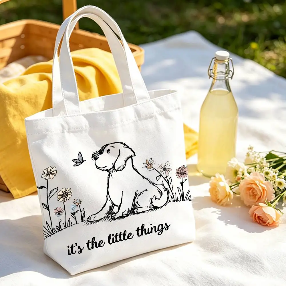 Cute Dog Canvas Tote Bag Waterproof Lining Large Capacity Reusable Shopping Bags Casual Student Daily Handbag