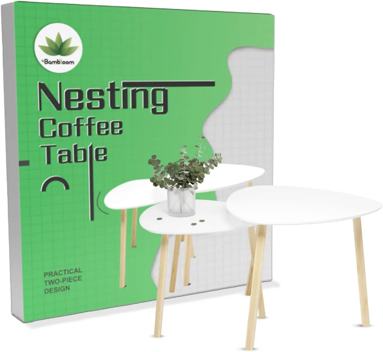 

Bamboo White Nesting End Table - Side Tables Living Room Tables, Nesting Tables Set Of 2 Small Coffee Table, Modern Minimalist