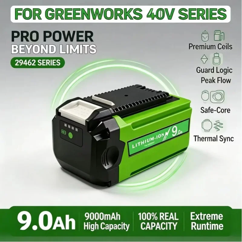 40V 9,0Ah Schnelllade-Lithium-Akku, geeignet zum Ersetzen der 29462 29472 für Greenworks 40V Lithium-Akku-Pins 24282 24252 25322 G-Max Garten-Akkuwerkzeug.