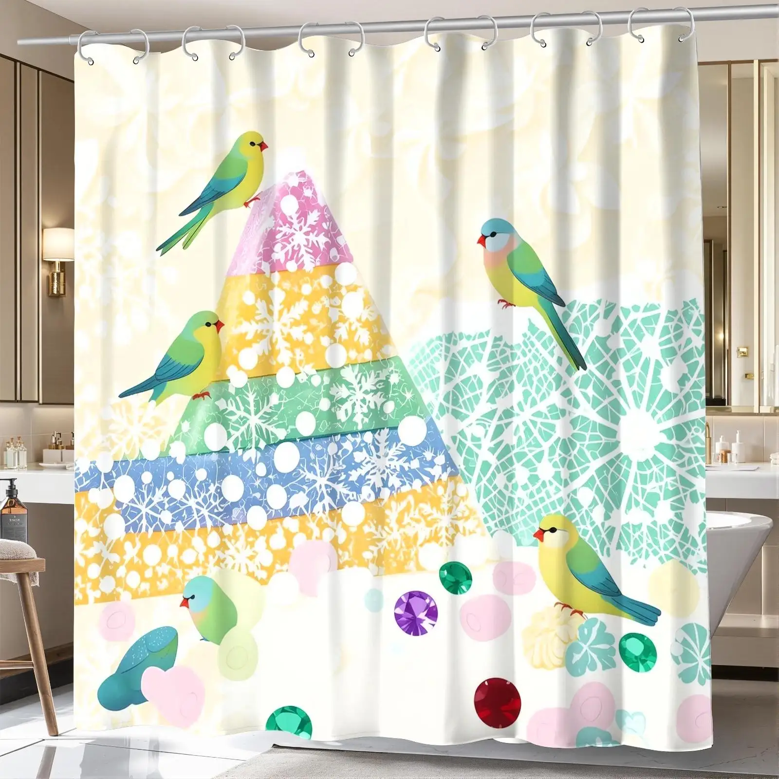 Cute Tropical Birds Rainbow Pyramid Shower Curtain Bathroom Decor Fun Colorful Watercolor Print