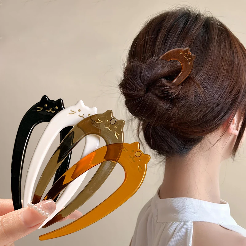 New Cat Cartoon Pattern U-Shaped Hair Fork for Women Girls Acrylic Hair Sticks Sweet Trendy Hairpin Hair Accessories Headwear