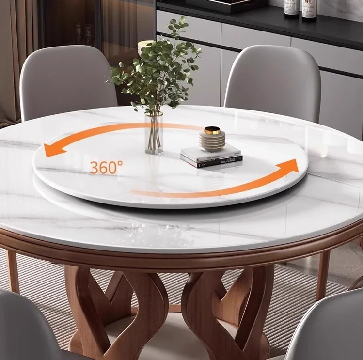 #Nordic Dining Room Furniture Solid Wood Dining Table Combination Sintered Stone Rotating Table 6-Seater Chair Set