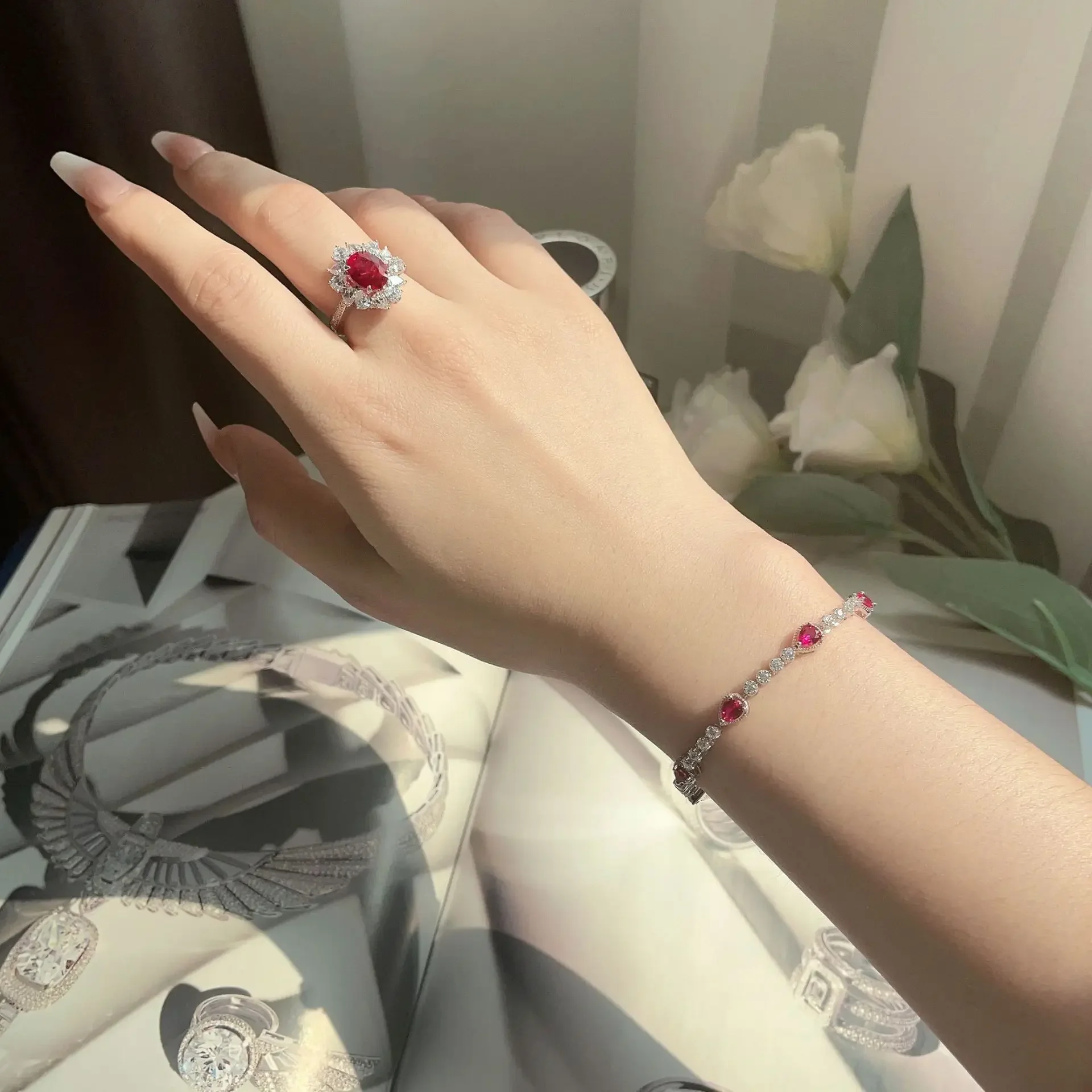 S925 Silver New Droplet 0.25 Carat Light Luxury Little Red Corundum 4 * 5 Papalacha Pink Charm Bracelet Wedding