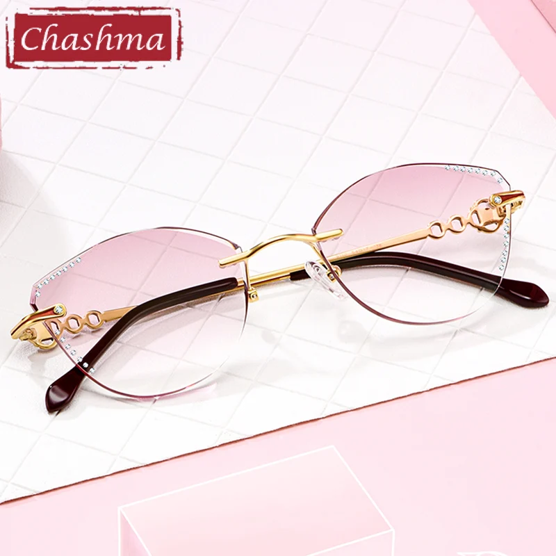 Chashma Rimless Eyeglasses Titanium Fashion Female Eye Glasses Diamond Cut Spectacle Frames Women Sunglasses Tint Lens